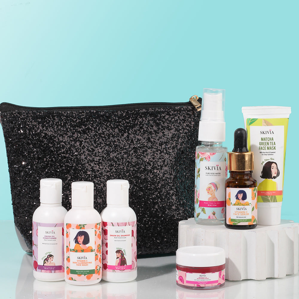 Skivia Bestseller Face & Hair Care Combo with Luxury Makeup Pouch