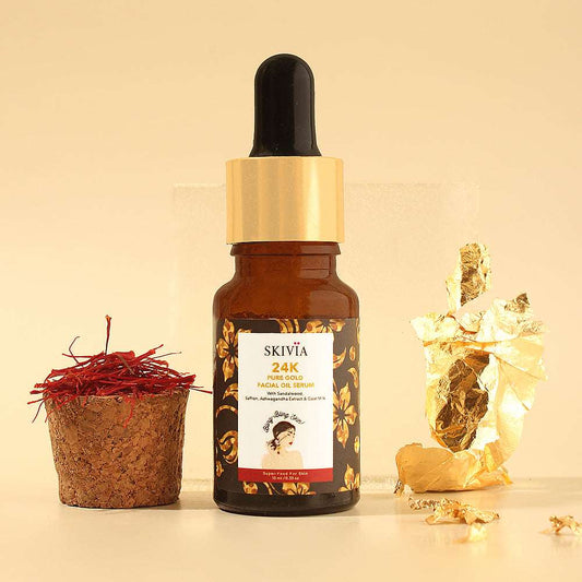 Skivia 24K Pure Gold Mini Facial Oil Serum with Sandalwood & Saffron - 10 ml | Revives Elasticity | Reduces Signs of Ageing